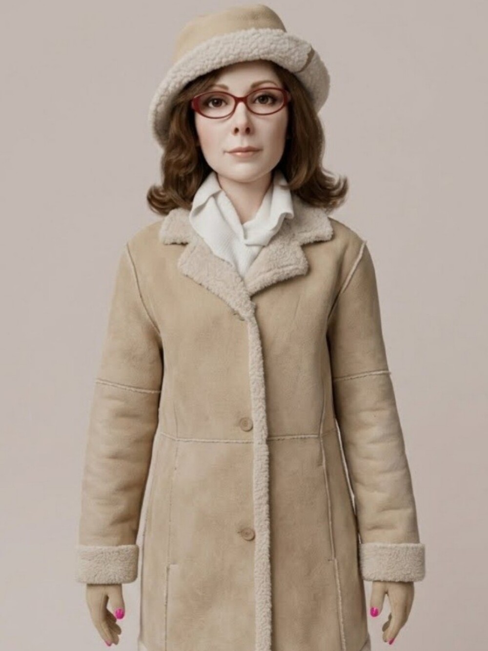 Women's Beige Shearling Coat with Faux Fur Trim